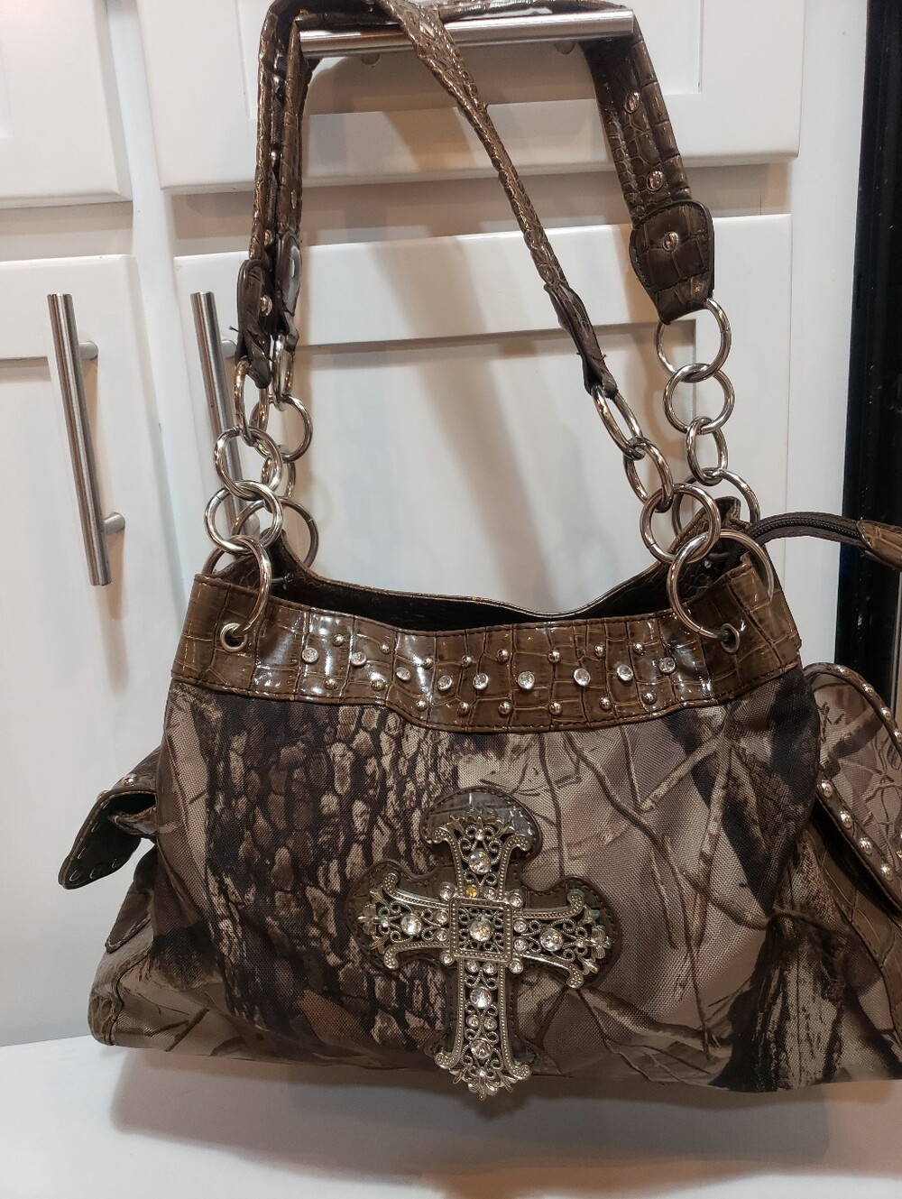 Western Style Camouflauge Faux Croc Leather Bling And Embelished Shoulder Bag